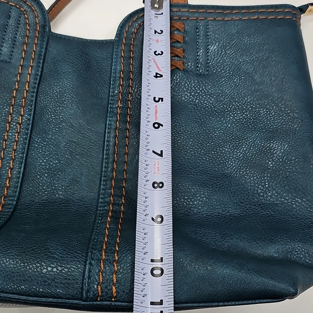 Montana West Teal & Brown Faux Leather Tote Bag, Spacious With Zipper Closure - Picture 8 of 10